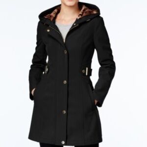 Via Spiga Black Longline Rain Coat Leopard Print Cozy Lining Belted Size XS